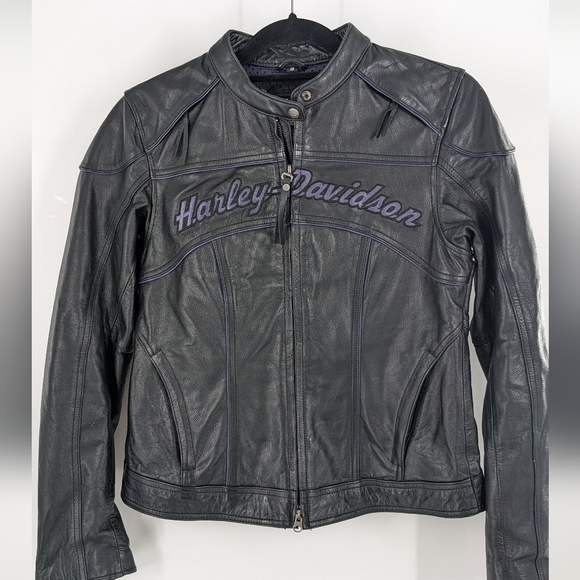 Harley Davidson Leather Jacket Black and Purple Small - Picture 1 of 10